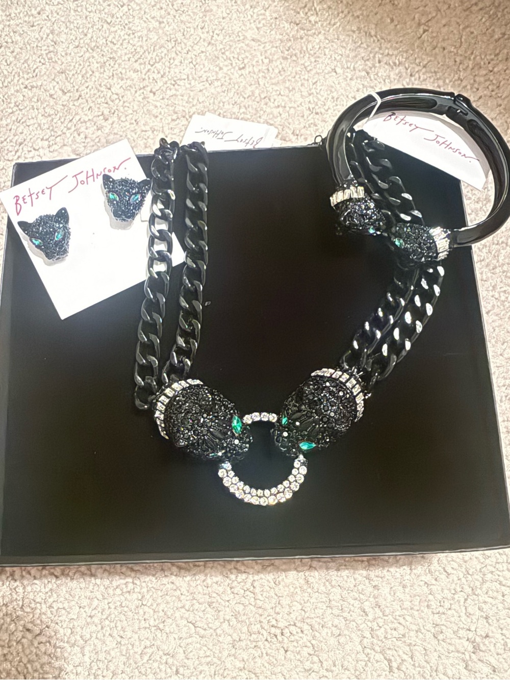 Betsey Johnson Necklace, earrings, and bracelet set with Panther Heads
